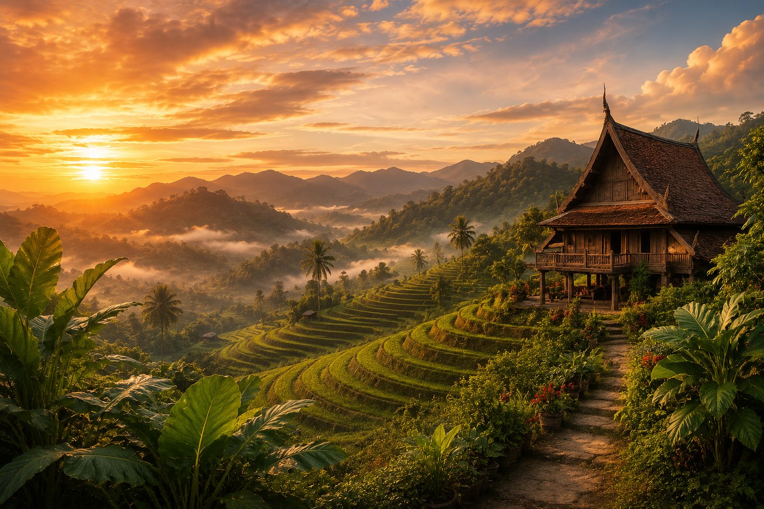 Rice terraces and a traditional Thai house at sunset